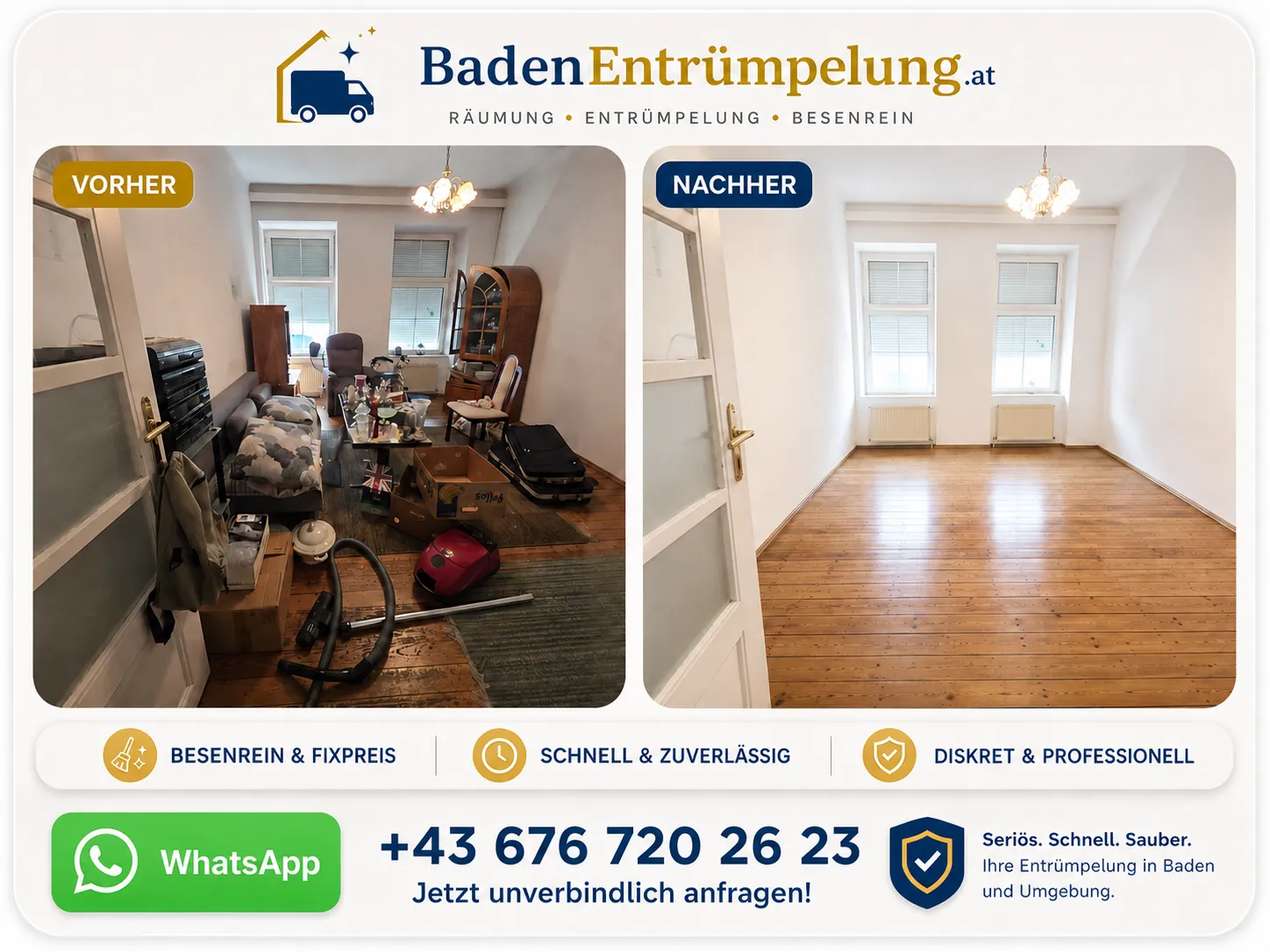 Entrümpelung Degengasse 56 Wien – Zimmer vorher/nachher Entrümpelung Degengasse 56 Wien: vollgestelltes Zimmer mit Schrank, Sesseln und Kartons vor dem Einsatz sowie derselbe Raum danach leer mit blankem Holzboden