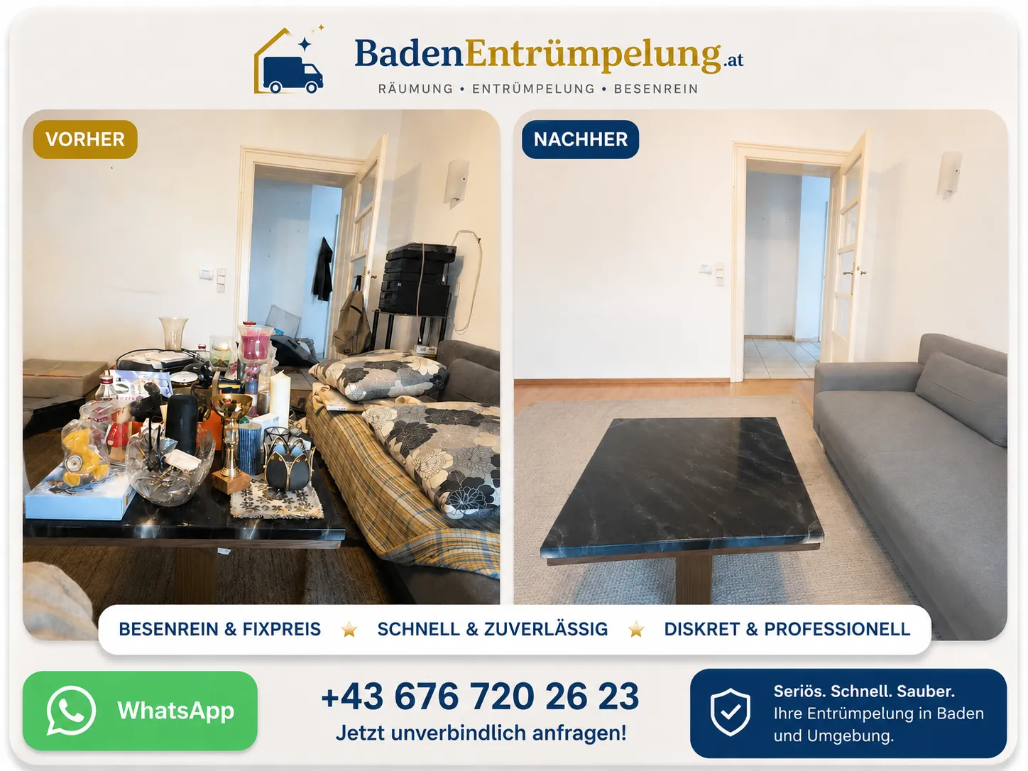 Entrümpelung Degengasse 56 Wien – Wohnzimmer vorher/nachher Entrümpelung Degengasse 56 Wien: vollgestelltes Wohnzimmer mit Deko, Kisten und Möbeln vor dem Einsatz sowie derselbe Raum danach leer und besenrein