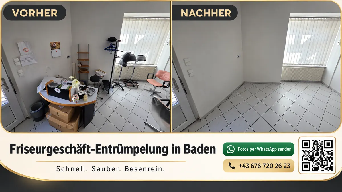 Friseursalon in Baden vor und nach der Entrümpelung, leerer besenreiner Raum nach der Räumung