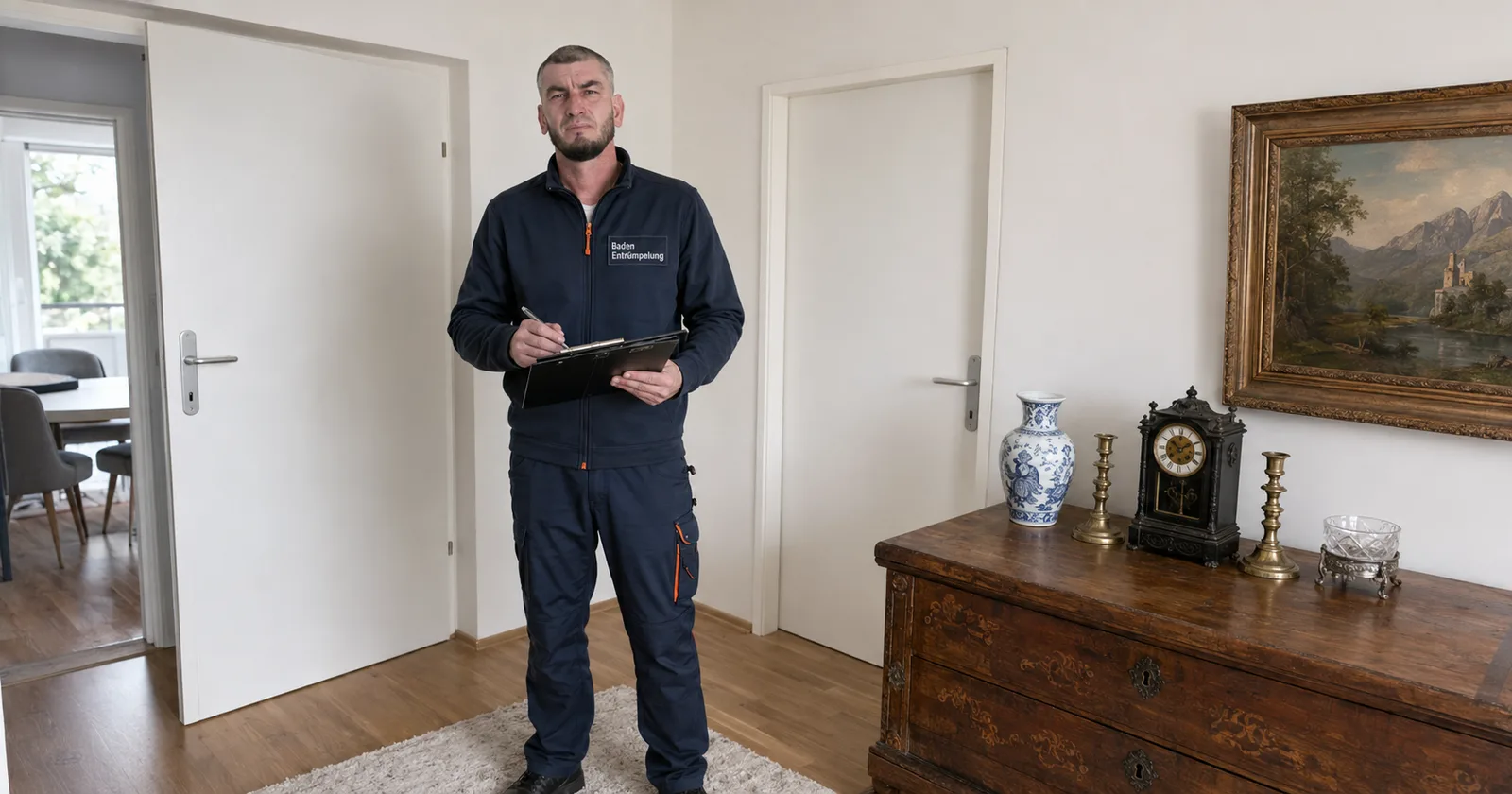 Hausräumung Sooß 2504 mit Wertanrechnung – Besichtigung mit antiken Möbeln Hausräumung Sooß 2504 mit Wertanrechnung: Mitarbeiter bei der Besichtigung eines Wohnzimmers mit antiker Kommode, Vase und Standuhr