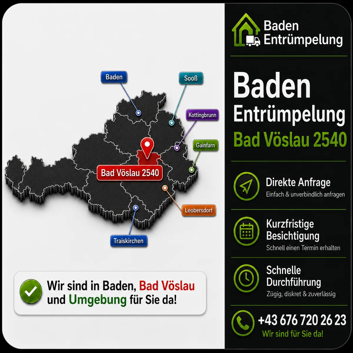 Privatentrümpelung Bad Vöslau 2540 – Übersichtsgrafik zum Leistungsgebiet rund um Baden