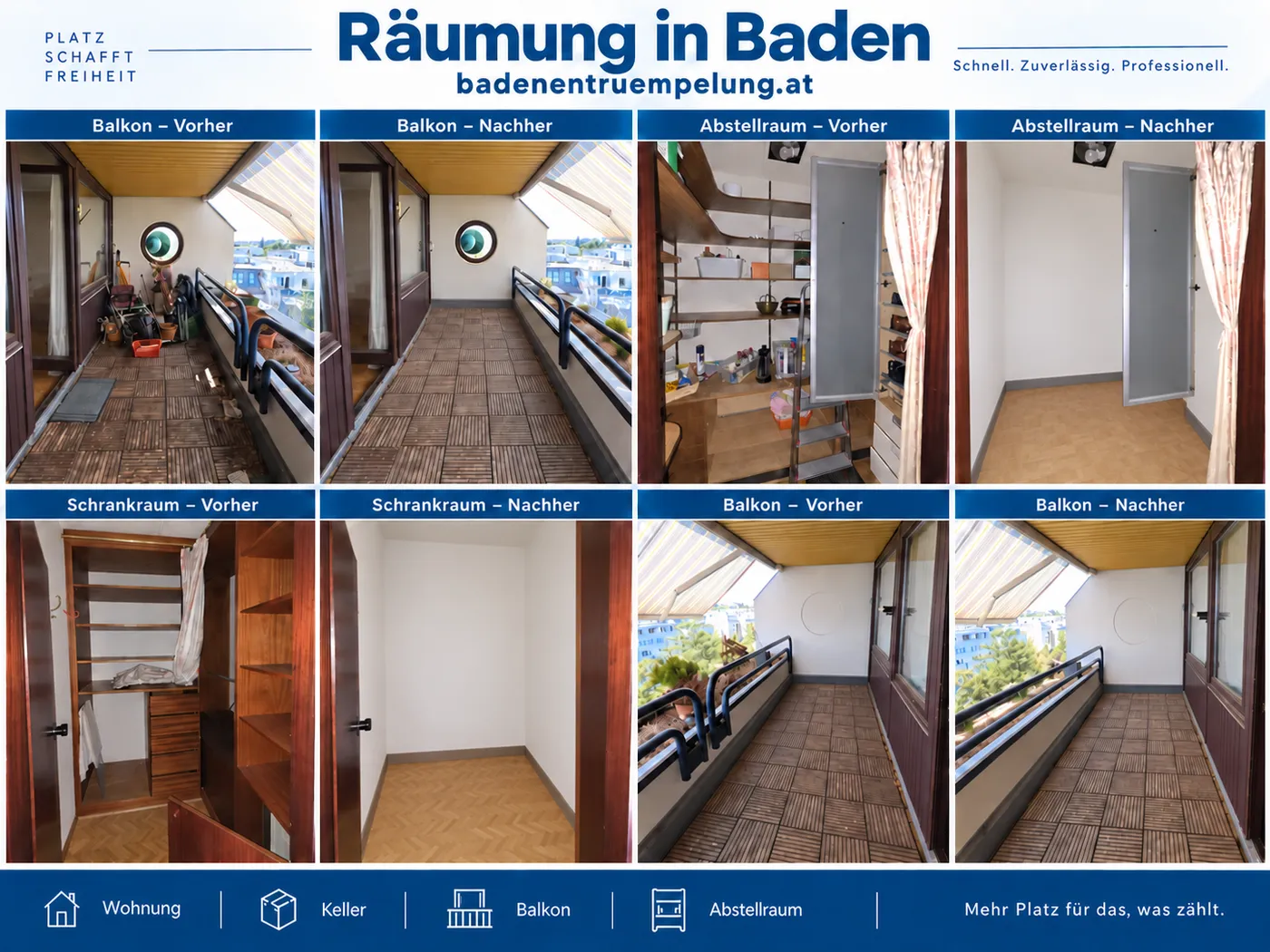 Räumung in Baden – Balkon, Abstellraum und Schrankraum vor und nach der Räumung Räumung in Baden – Vorher-Nachher-Collage aus der Michael-Tauscher-Gasse