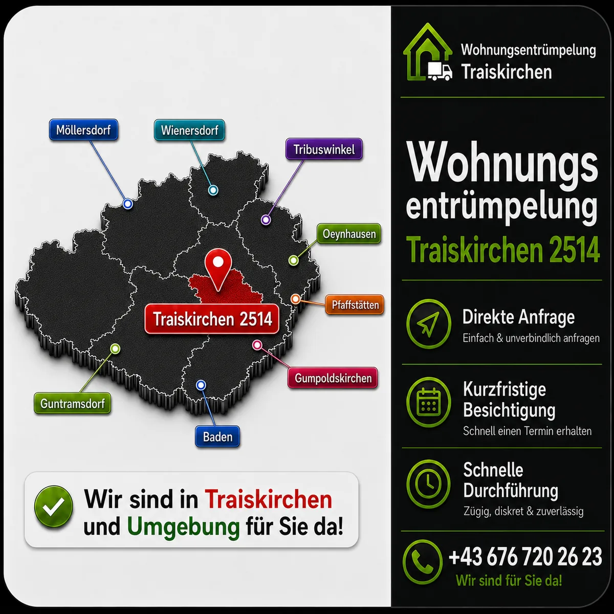 Wohnungsentrümpelung Traiskirchen 2514 – Übersichtsgrafik zum Leistungsgebiet rund um Traiskirchen
